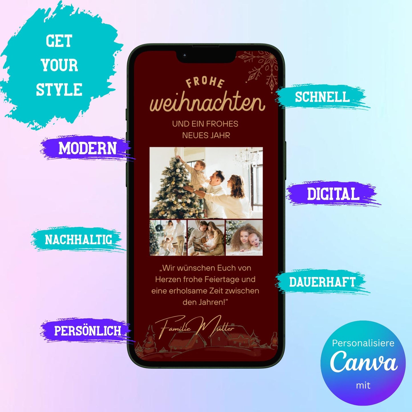 Digitale Grußkarte zu Weihnachten | Personalisierbare Grußkarte| Verschicke per E-Mail, WhatsApp, etc.