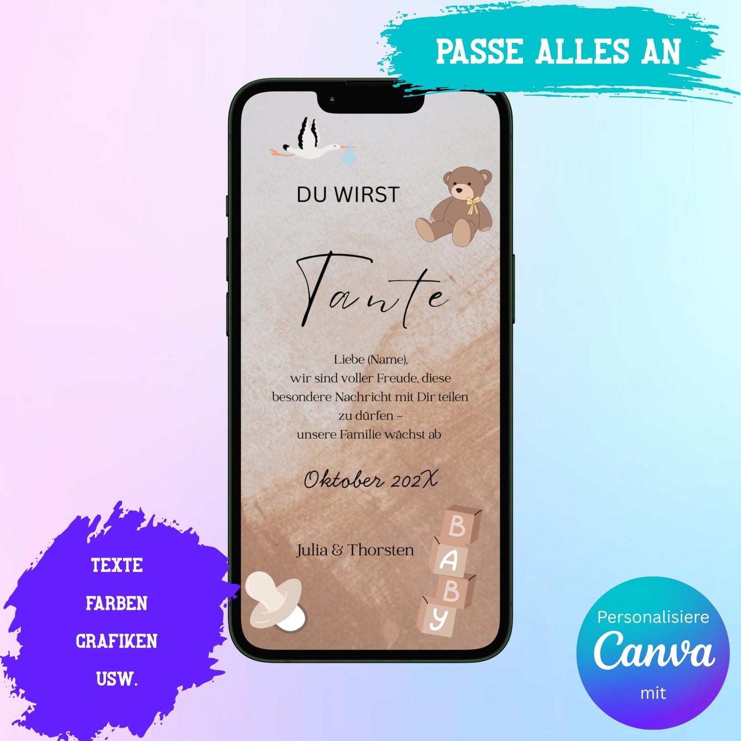 Digitale Schwangerschaftsverkündung | Baby-News Reveal | Personalisiert | Überraschung für Familie & Freunde | Sofort-Download