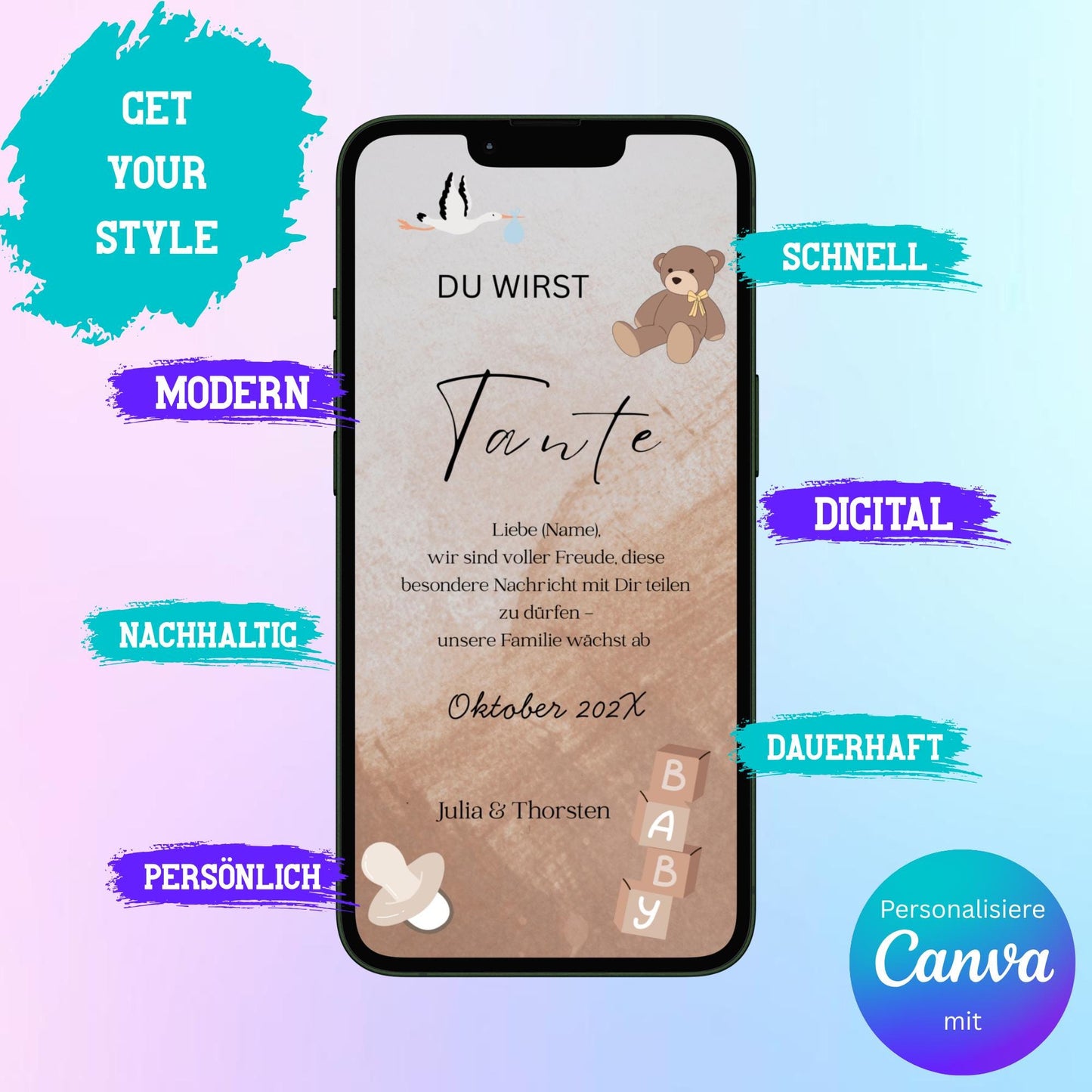 Digitale Schwangerschaftsverkündung | Baby-News Reveal | Personalisiert | Überraschung für Familie & Freunde | Sofort-Download