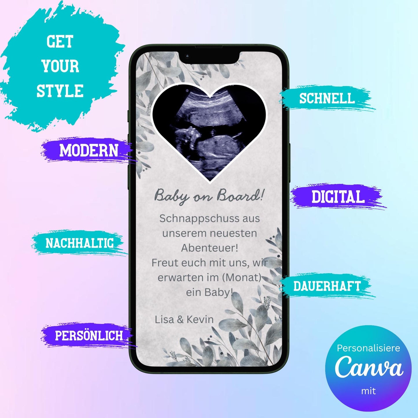 Digitale Schwangerschaftsverkündung | Baby-News Reveal | Personalisiert | Überraschung für Familie & Freunde | Sofort-Download