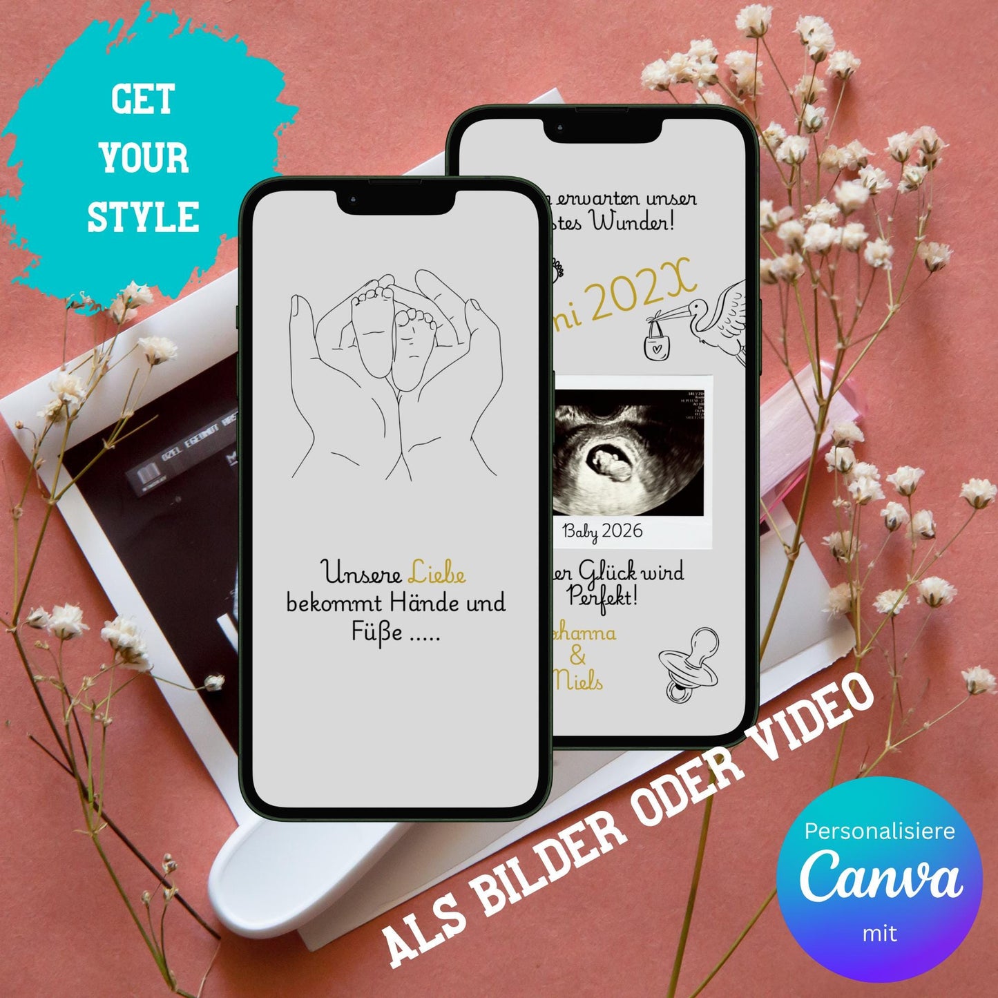 Digitale Schwangerschaftsverkündung | Baby-News Reveal | Personalisiert | Überraschung für Familie & Freunde | Sofort-Download