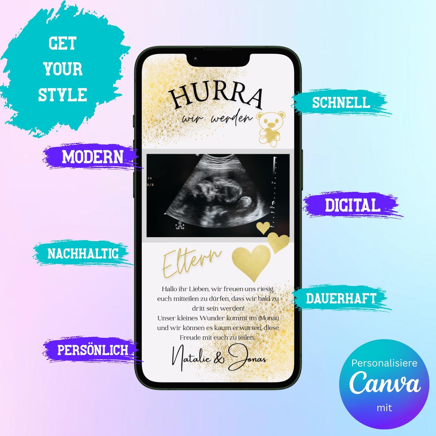 Digitale Schwangerschaftsverkündung | Baby-News Reveal | Personalisiert | Überraschung für Familie & Freunde | Sofort-Download