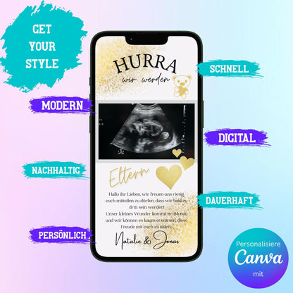 Digitale Schwangerschaftsverkündung | Baby-News Reveal | Personalisiert | Überraschung für Familie & Freunde | Sofort-Download